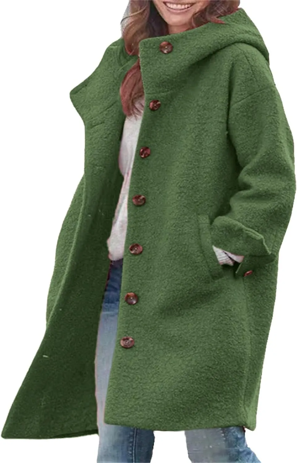 Women's Dressy Trench Coat Fashion Wool Single Breasted Knee Length Hooded Work Jackets Winter Thickened Office Coats