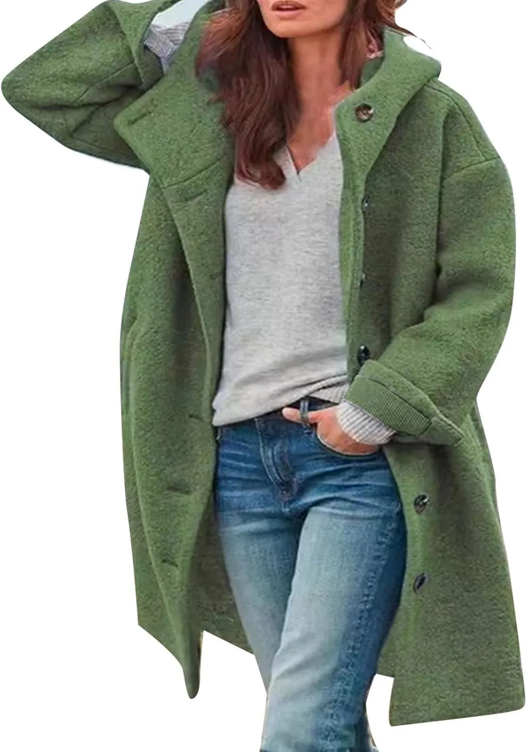 Women's Dressy Trench Coat Fashion Wool Single Breasted Knee Length Hooded Work Jackets Winter Thickened Office Coats