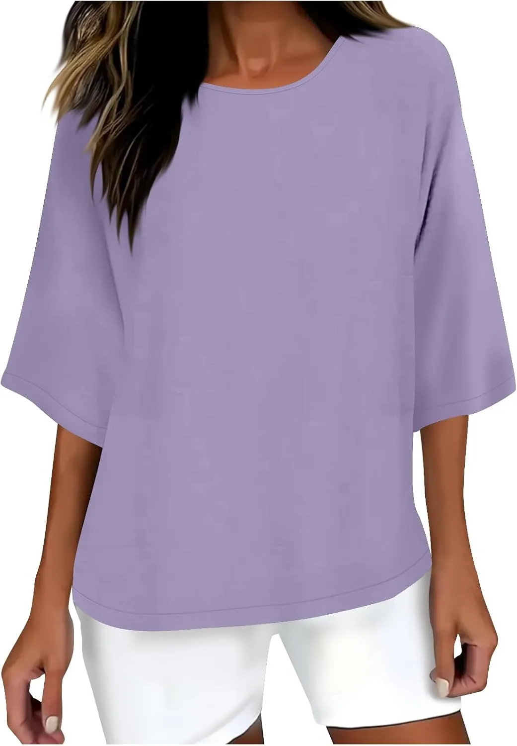 Womens Fashion Cotton Linen T-Shirt Crewneck 3/4 Sleeves Tops Solid Color Loose Basic Tees Summer Casual Blouses