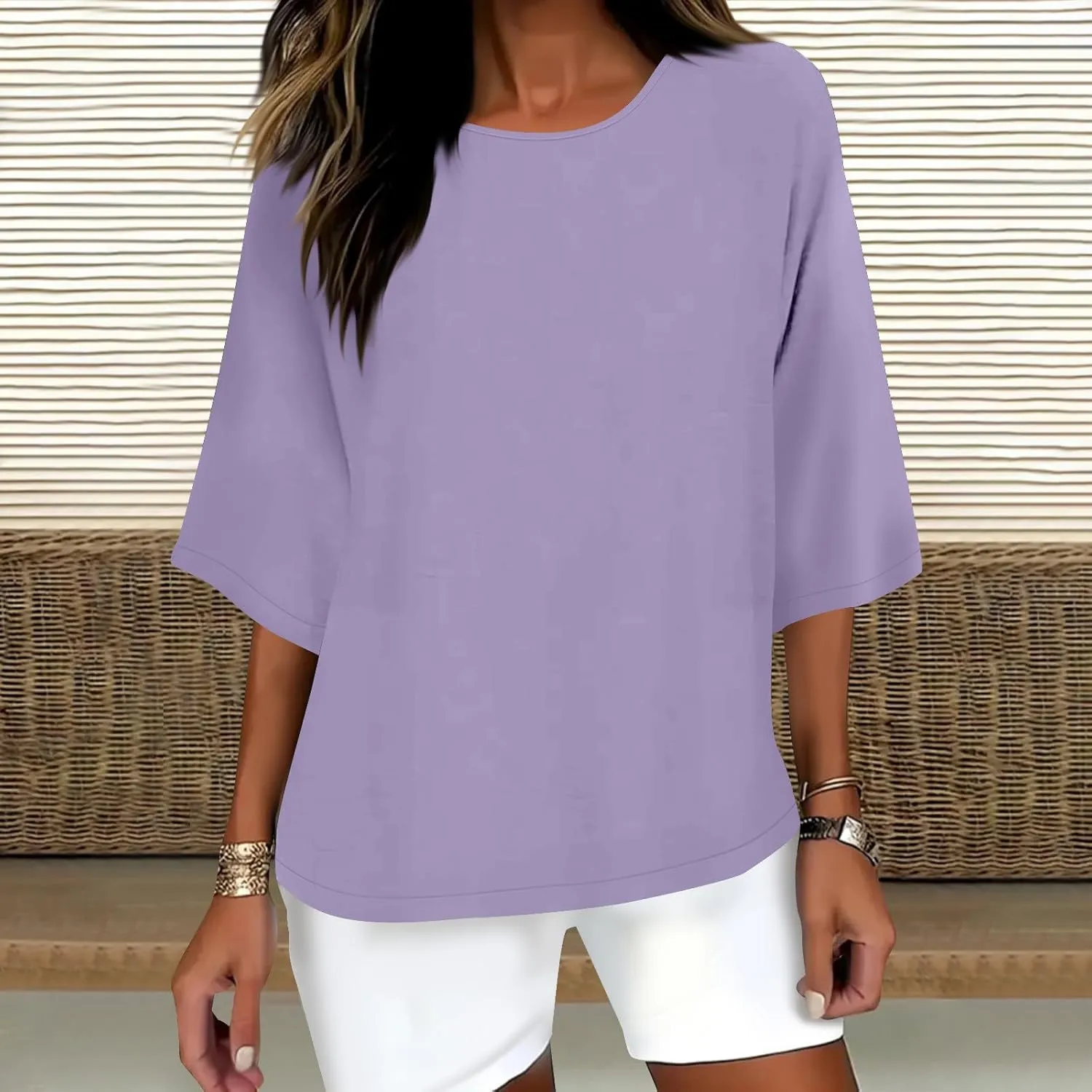 Womens Fashion Cotton Linen T-Shirt Crewneck 3/4 Sleeves Tops Solid Color Loose Basic Tees Summer Casual Blouses