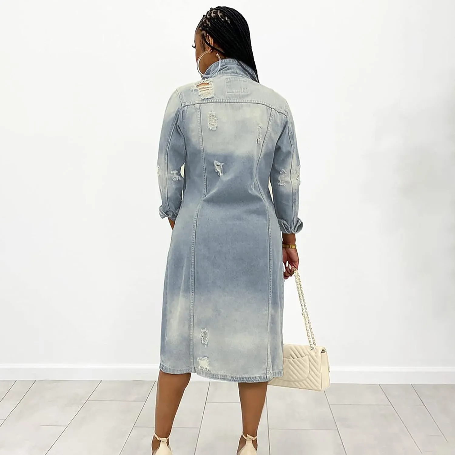 Womens Fashion Denim Trench Coat Long Jean Jacket Plus Size Button Down Denim Jacket Oversized Fall Casual Outerwear