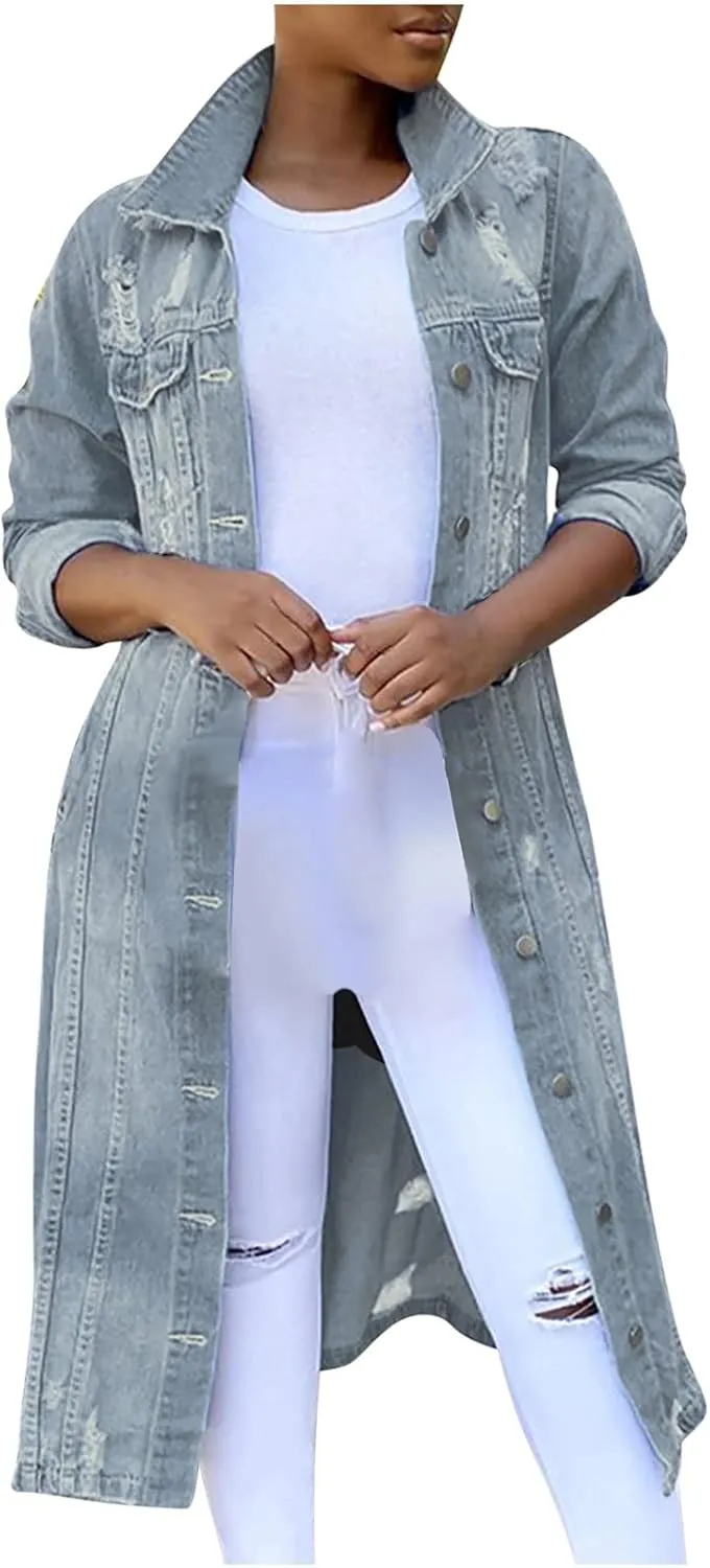 Womens Fashion Denim Trench Coat Long Jean Jacket Plus Size Button Down Denim Jacket Oversized Fall Casual Outerwear