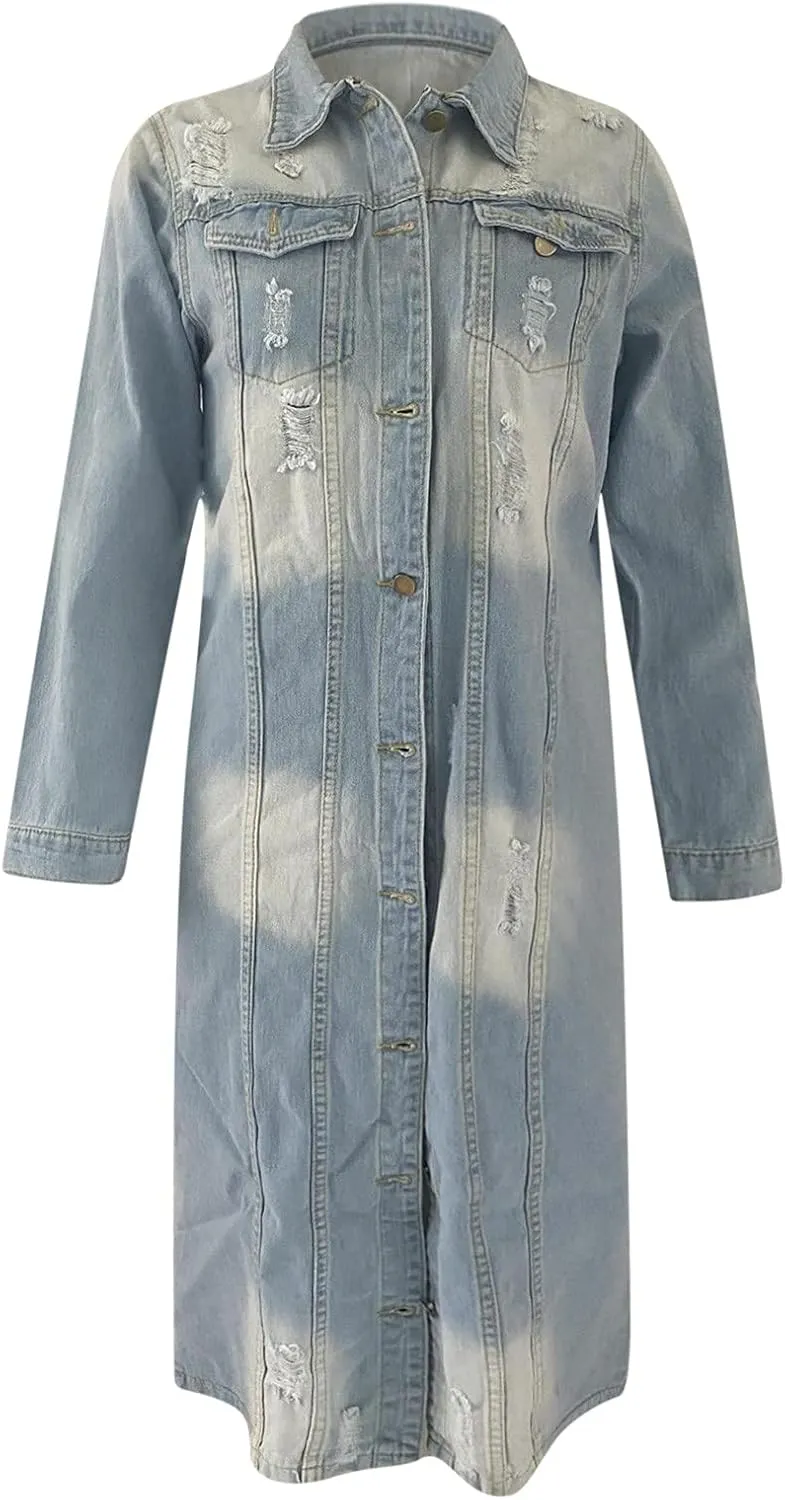 Womens Fashion Denim Trench Coat Long Jean Jacket Plus Size Button Down Denim Jacket Oversized Fall Casual Outerwear
