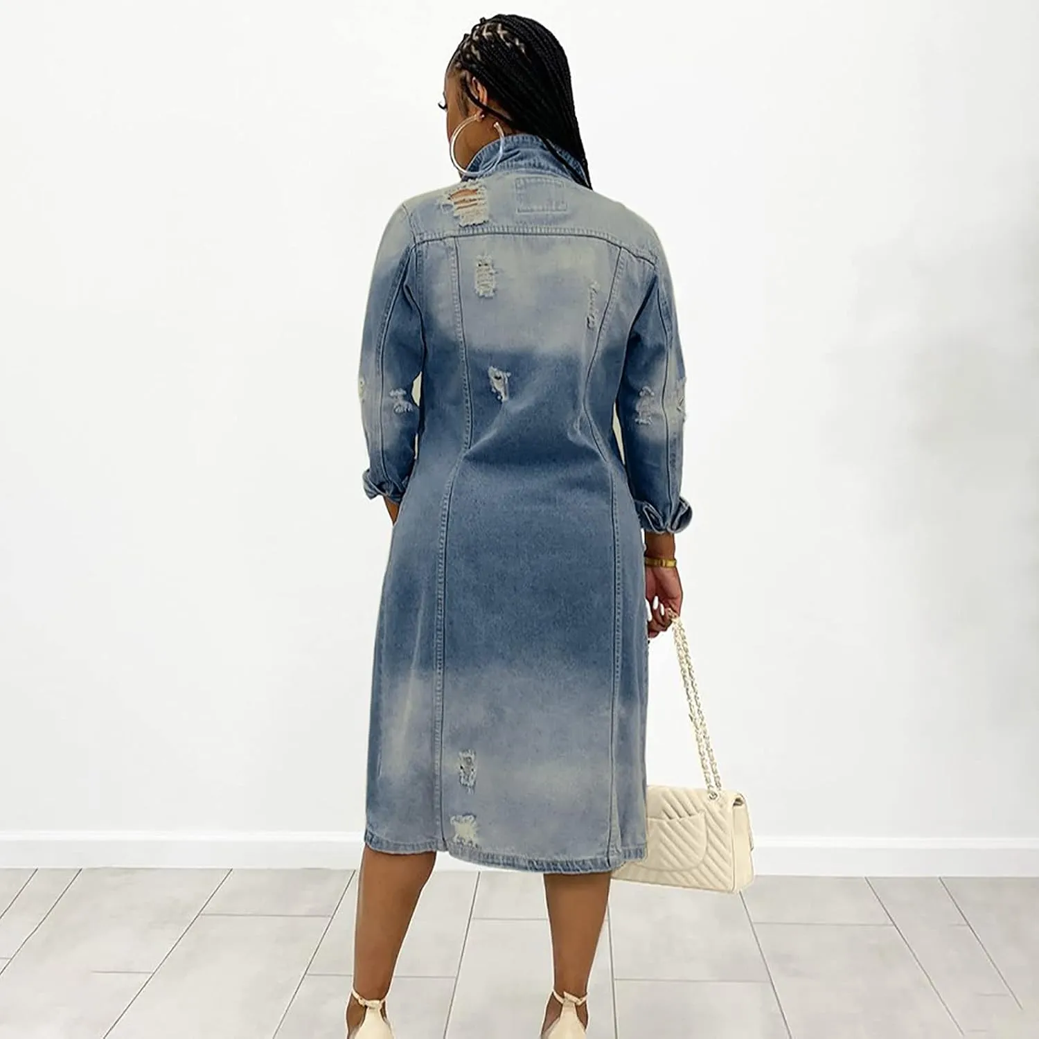 Womens Fashion Denim Trench Coat Long Jean Jacket Plus Size Button Down Denim Jacket Oversized Fall Casual Outerwear