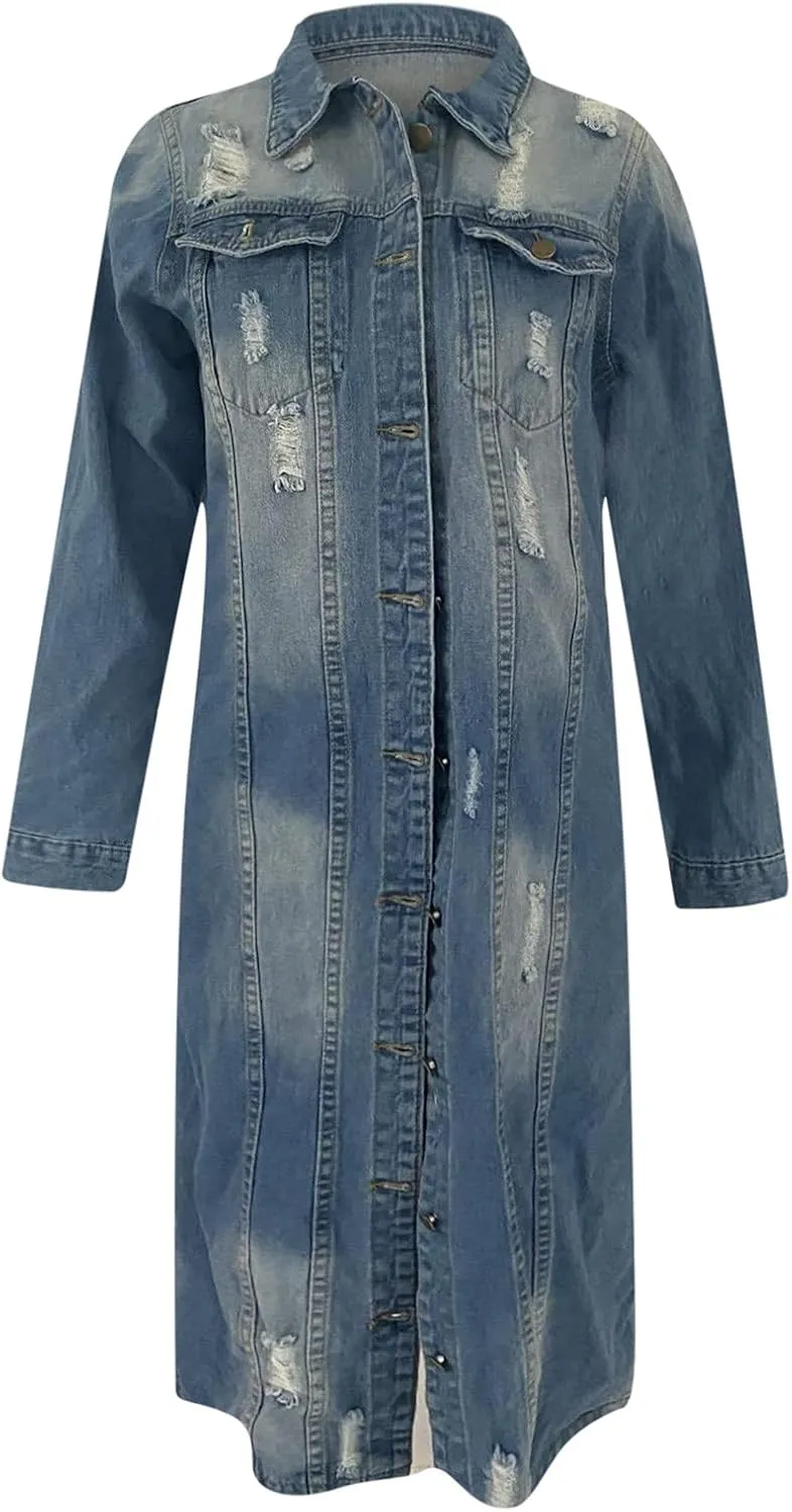 Womens Fashion Denim Trench Coat Long Jean Jacket Plus Size Button Down Denim Jacket Oversized Fall Casual Outerwear