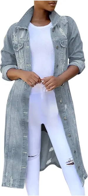 Womens Fashion Denim Trench Coat Long Jean Jacket Plus Size Button Down Denim Jacket Oversized Fall Casual Outerwear