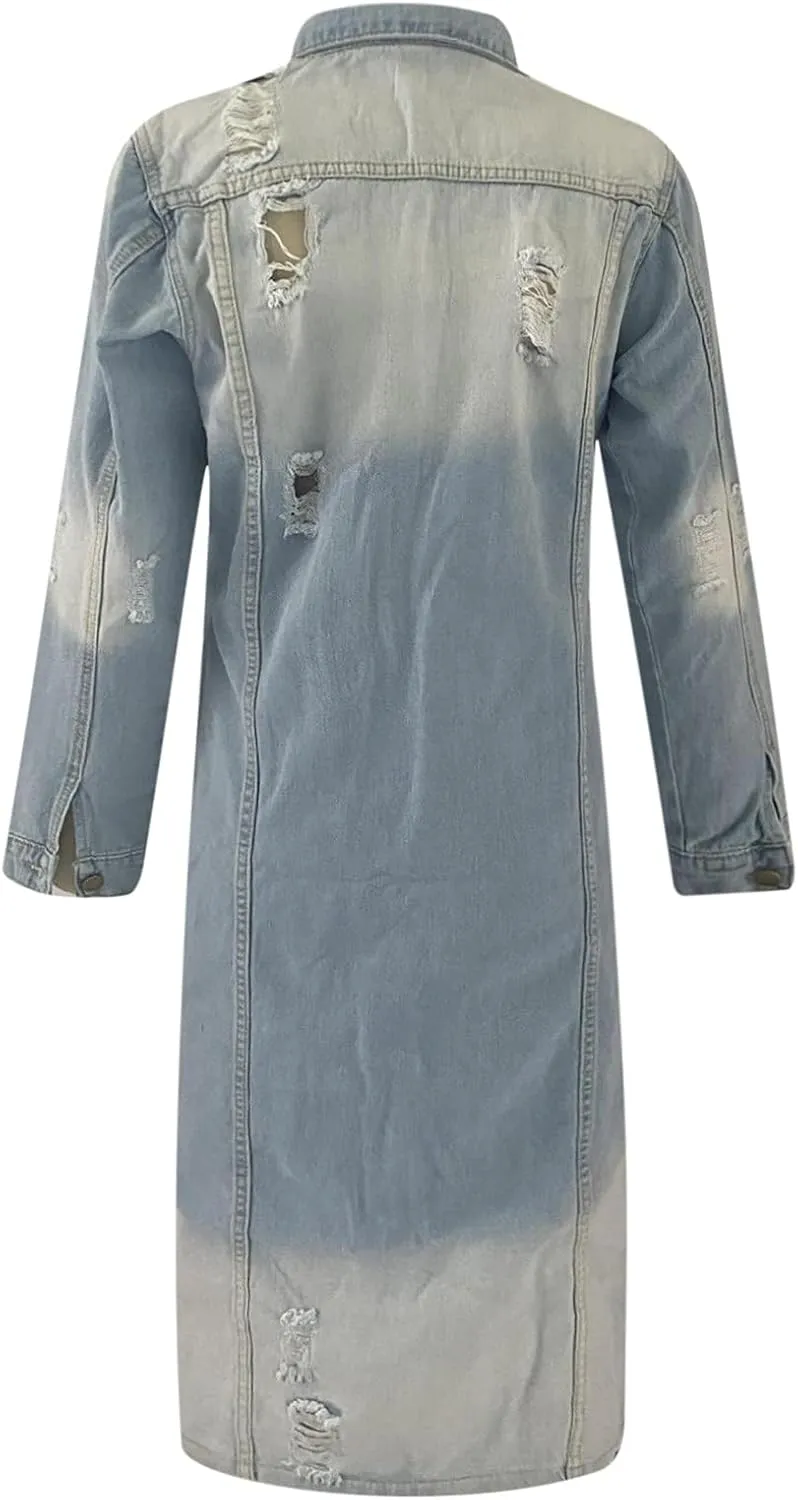 Womens Fashion Denim Trench Coat Long Jean Jacket Plus Size Button Down Denim Jacket Oversized Fall Casual Outerwear