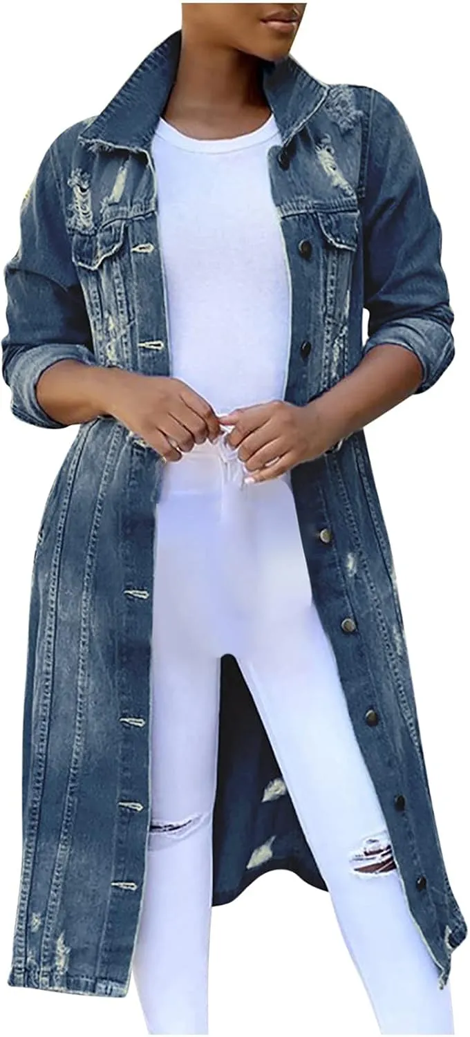 Womens Fashion Denim Trench Coat Long Jean Jacket Plus Size Button Down Denim Jacket Oversized Fall Casual Outerwear