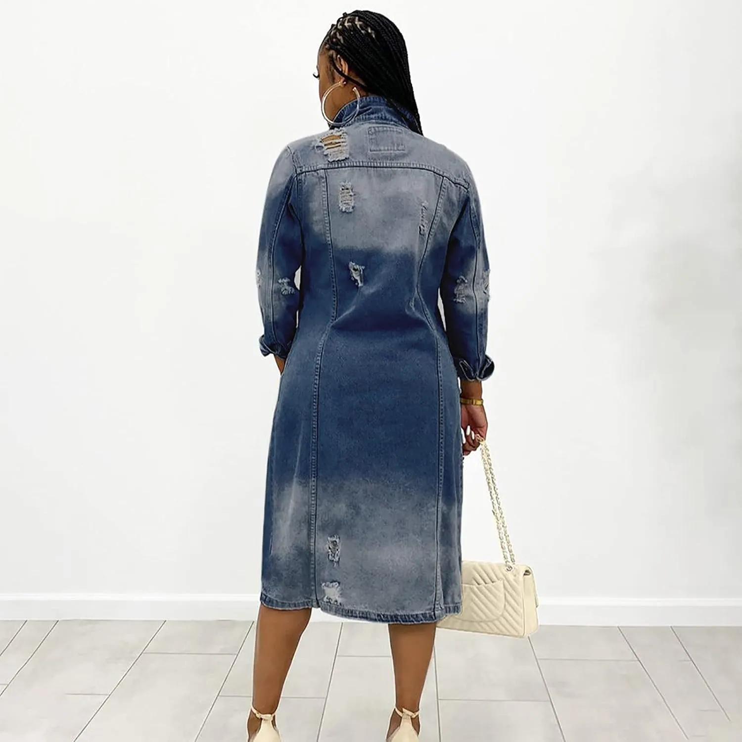 Womens Fashion Denim Trench Coat Long Jean Jacket Plus Size Button Down Denim Jacket Oversized Fall Casual Outerwear