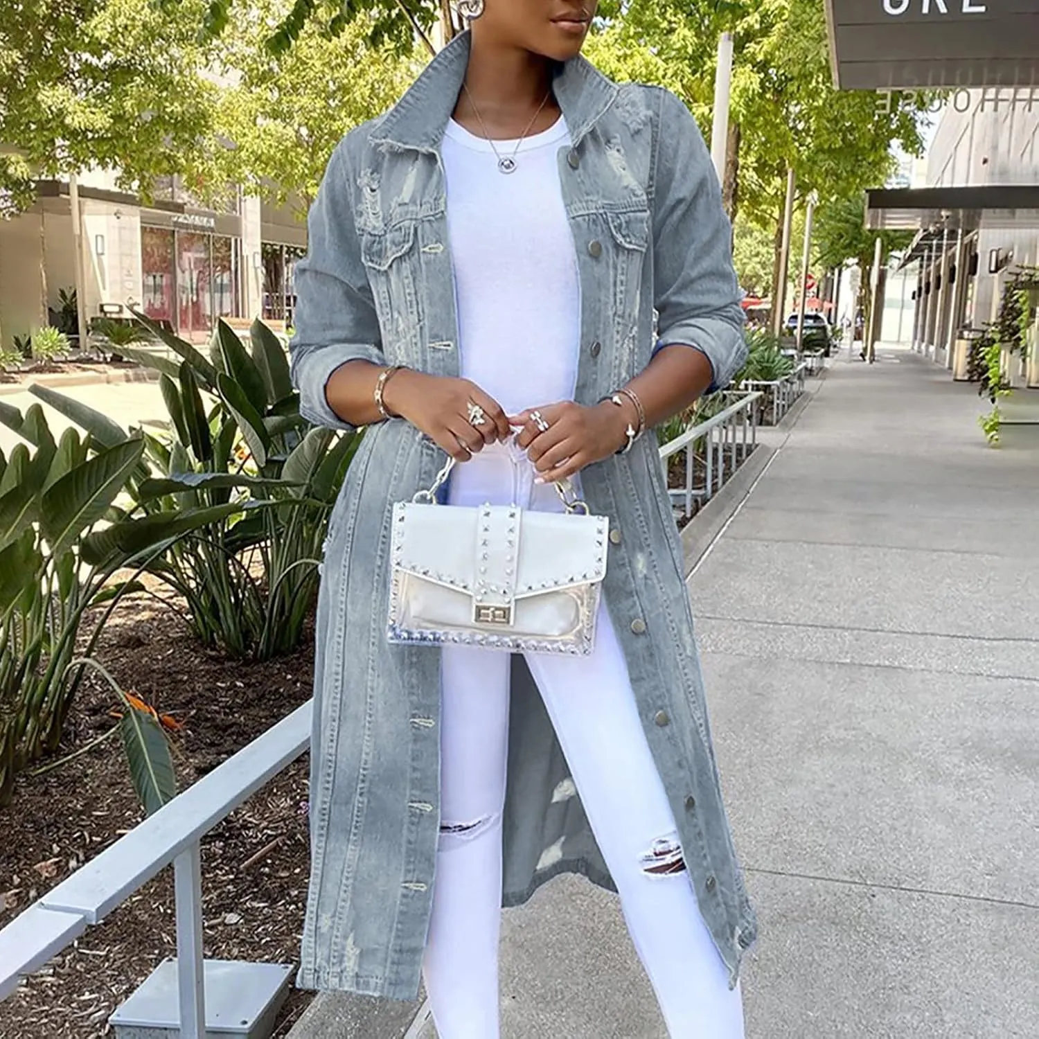Womens Fashion Denim Trench Coat Long Jean Jacket Plus Size Button Down Denim Jacket Oversized Fall Casual Outerwear
