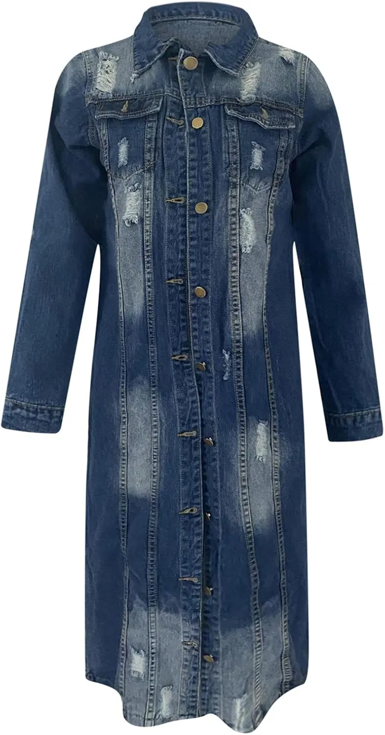 Womens Fashion Denim Trench Coat Long Jean Jacket Plus Size Button Down Denim Jacket Oversized Fall Casual Outerwear