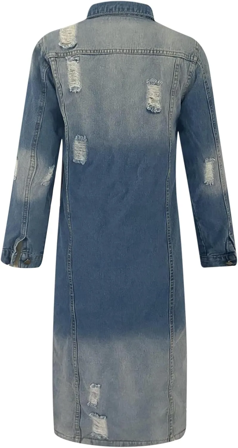Womens Fashion Denim Trench Coat Long Jean Jacket Plus Size Button Down Denim Jacket Oversized Fall Casual Outerwear
