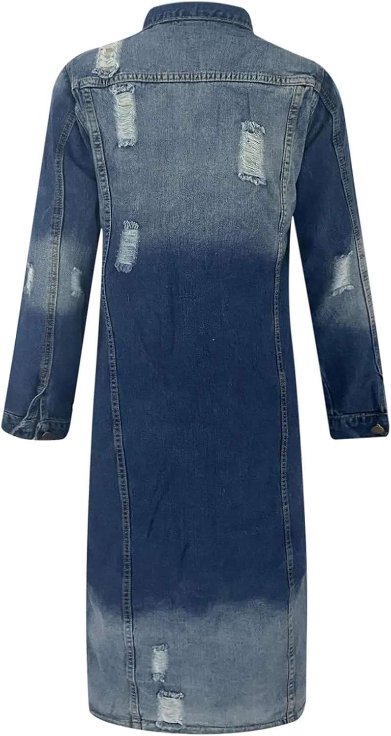 Womens Fashion Denim Trench Coat Long Jean Jacket Plus Size Button Down Denim Jacket Oversized Fall Casual Outerwear