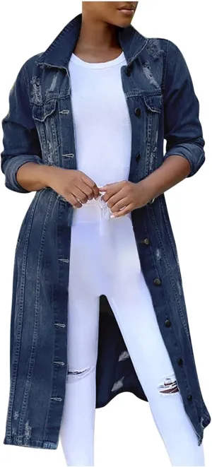 Womens Fashion Denim Trench Coat Long Jean Jacket Plus Size Button Down Denim Jacket Oversized Fall Casual Outerwear