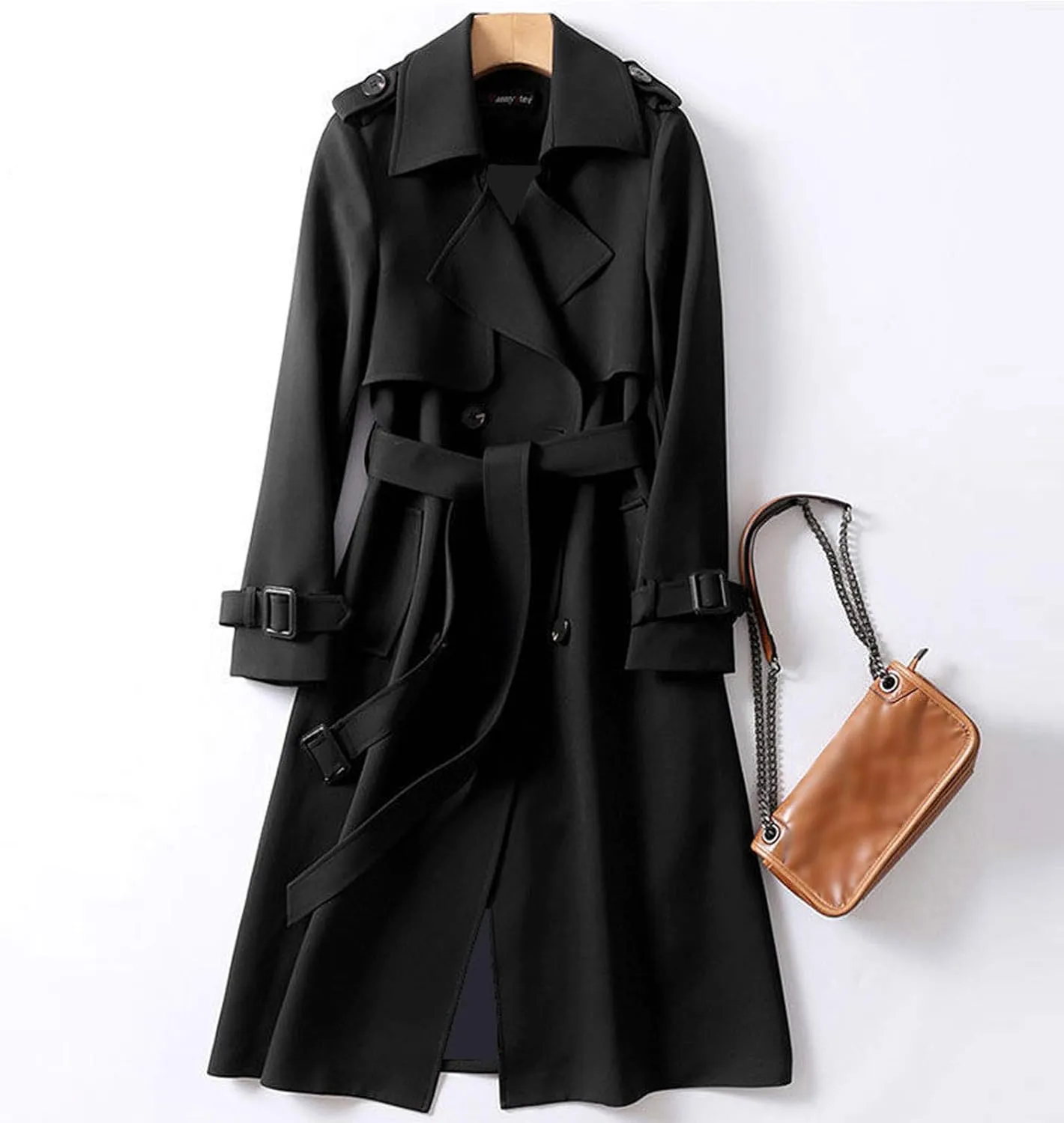 Womens Fashion Temperament Solid Trench Coats with Belt Double Breasted Long Windbreaker 2024 Casual Slim Work Coat
