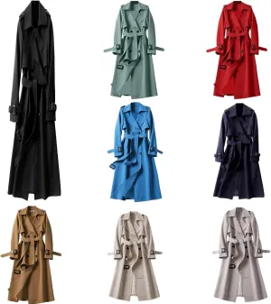 Womens Fashion Temperament Solid Trench Coats with Belt Double Breasted Long Windbreaker 2024 Casual Slim Work Coat