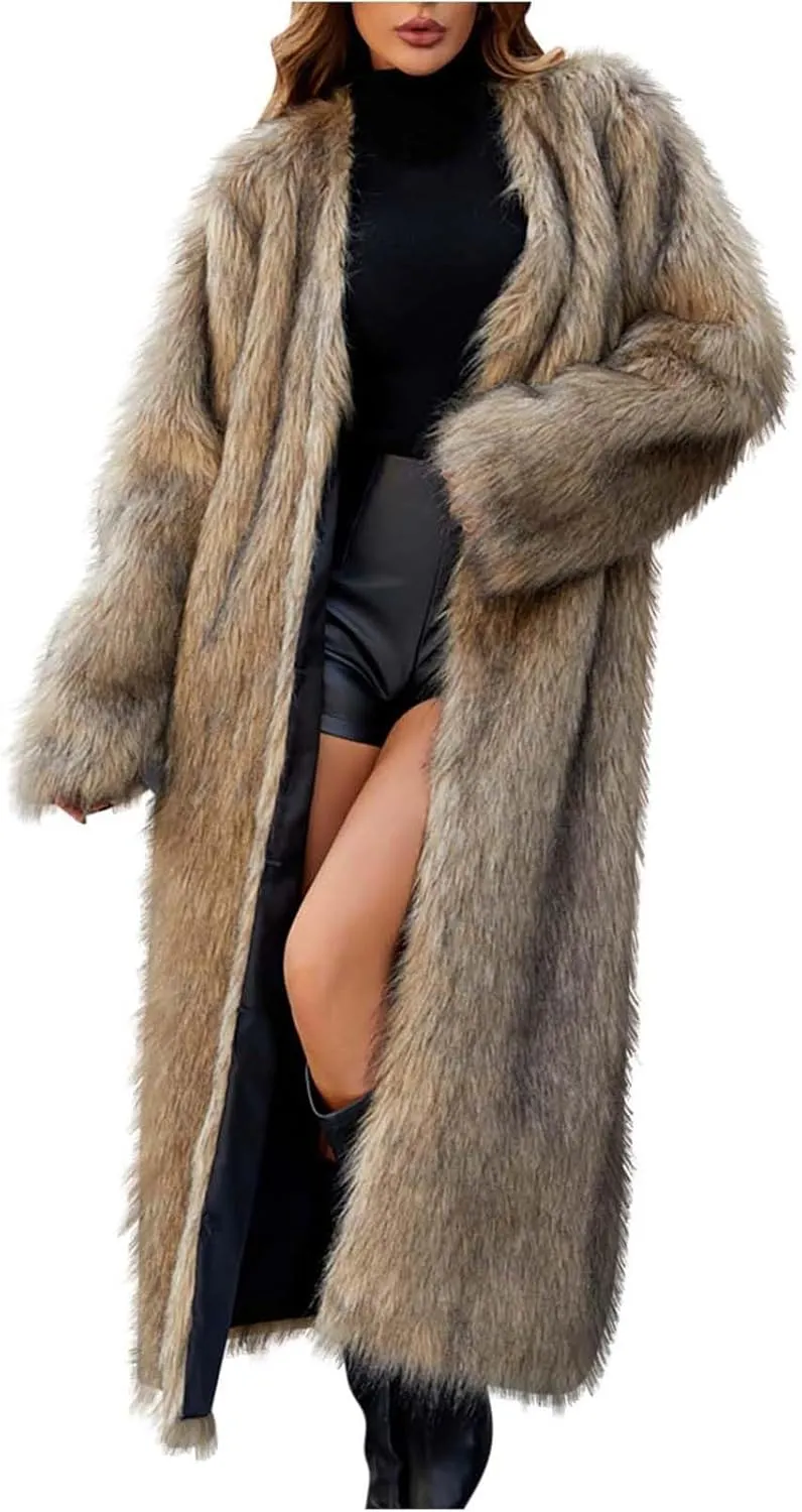Women's Faux Fur Long Cardigan Fluffy Open Front Long Sleeve Overcoats Winter Warm Luxury Furry Maxi Jackets