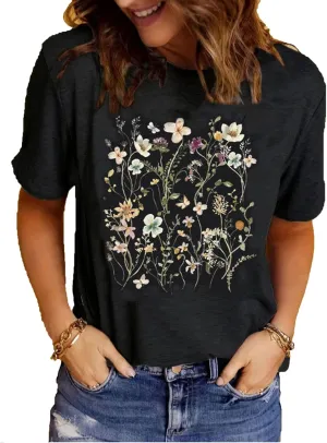 Women's Graphic Floral T Shirt Boho Wildflower Graphic Loose Tees Short Sleeve Vintage Summer Casual Tee Tops