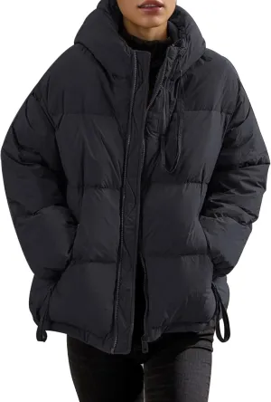 Womens Hooded Puffer Jacket Oversized Quilted Down Coat Lightweight Water Resistant Casual Outerwear for Warm Winter