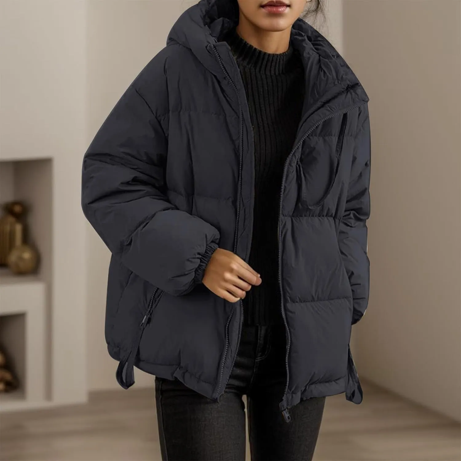 Womens Hooded Puffer Jacket Oversized Quilted Down Coat Lightweight Water Resistant Casual Outerwear for Warm Winter