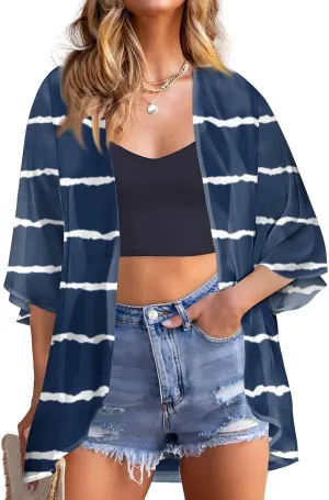 Womens Kimono Cardigans Beach Cover ups Swimwear Puff Sleeve Loose Casual Summer Tops