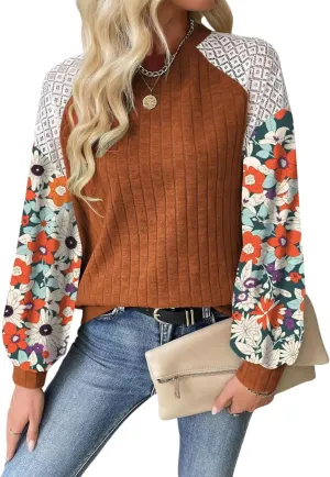 Women's Knit Floral Long Sleeve Sweaters Pullover Crewneck Cute Cozy Color Block Long Sleeve Sweaters Tops