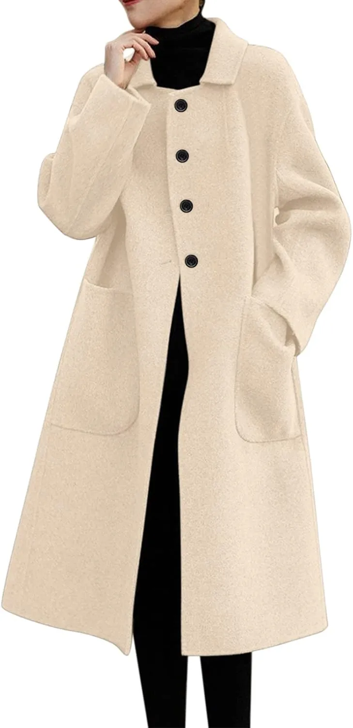 Women's Long Sleeve Button Down Faux Wool Blends Thin Jacket Coat Slim Fit Warm Long Overcoat Womens Winter Coats (Beige, XXL)