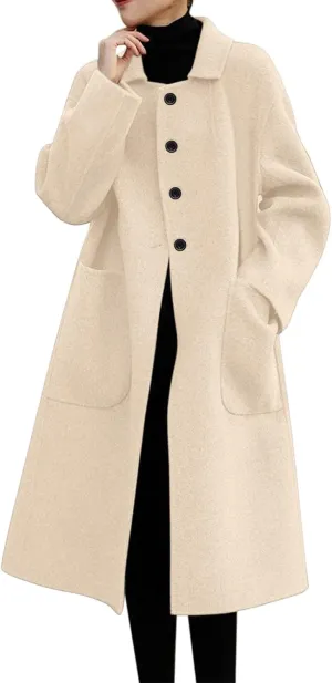 Women's Long Sleeve Button Down Faux Wool Blends Thin Jacket Coat Slim Fit Warm Long Overcoat Womens Winter Coats (Beige, XXL)