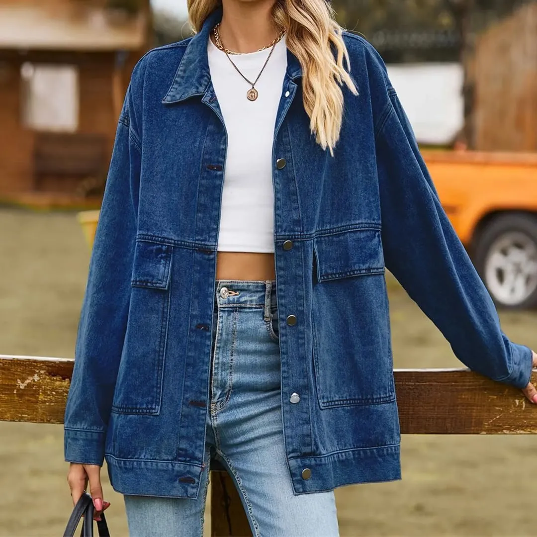 WomenS Long Sleeve Denim Jacket Loose Fit Mid-Length Turn-Down Collar Single Breasted Button Closure Casual Outerwear