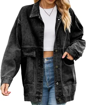WomenS Long Sleeve Denim Jacket Loose Fit Mid-Length Turn-Down Collar Single Breasted Button Closure Casual Outerwear