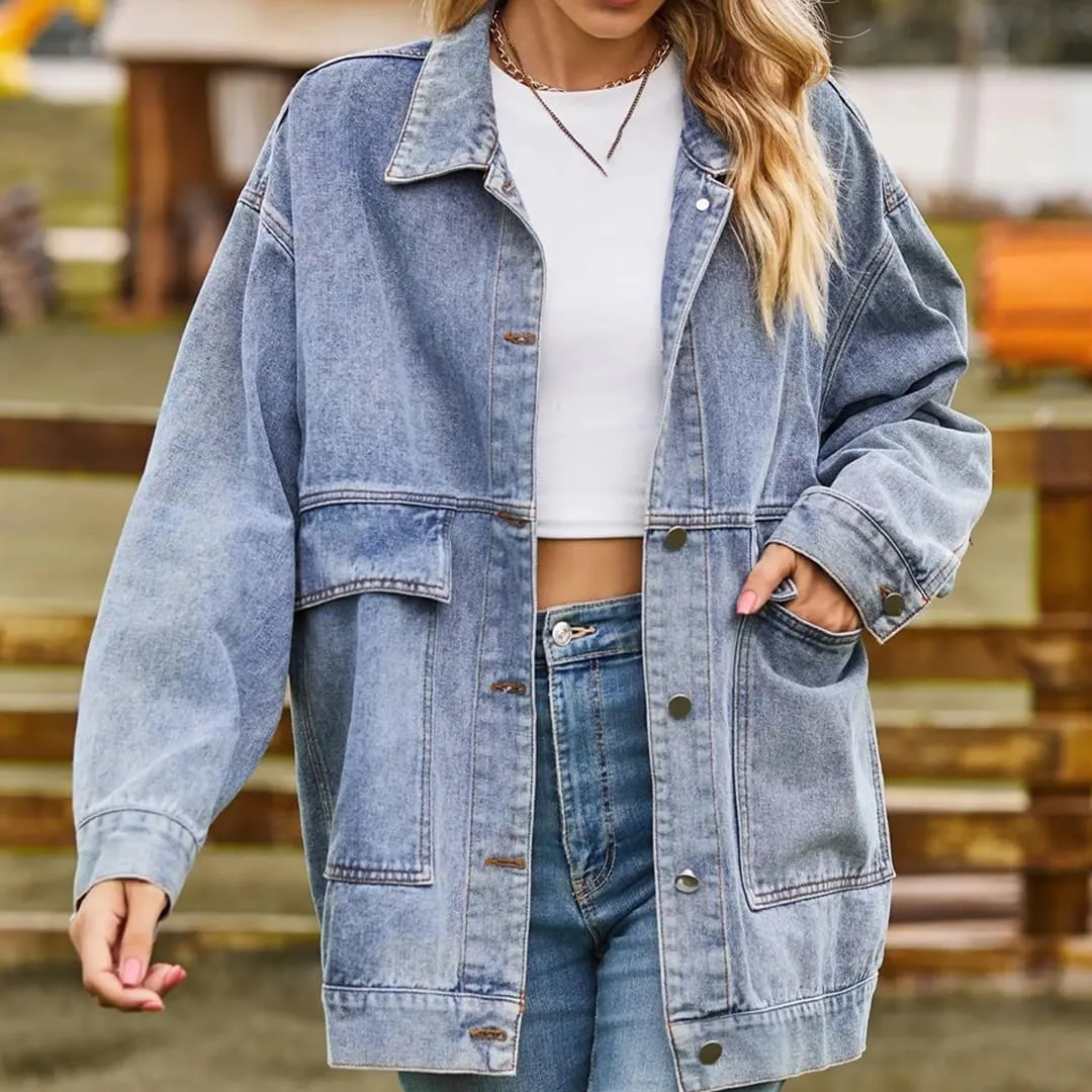 WomenS Long Sleeve Denim Jacket Loose Fit Mid-Length Turn-Down Collar Single Breasted Button Closure Casual Outerwear