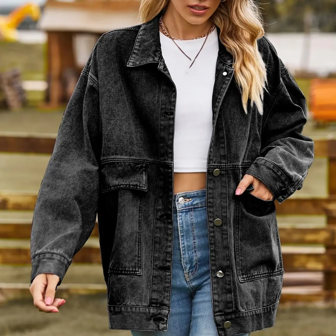 WomenS Long Sleeve Denim Jacket Loose Fit Mid-Length Turn-Down Collar Single Breasted Button Closure Casual Outerwear
