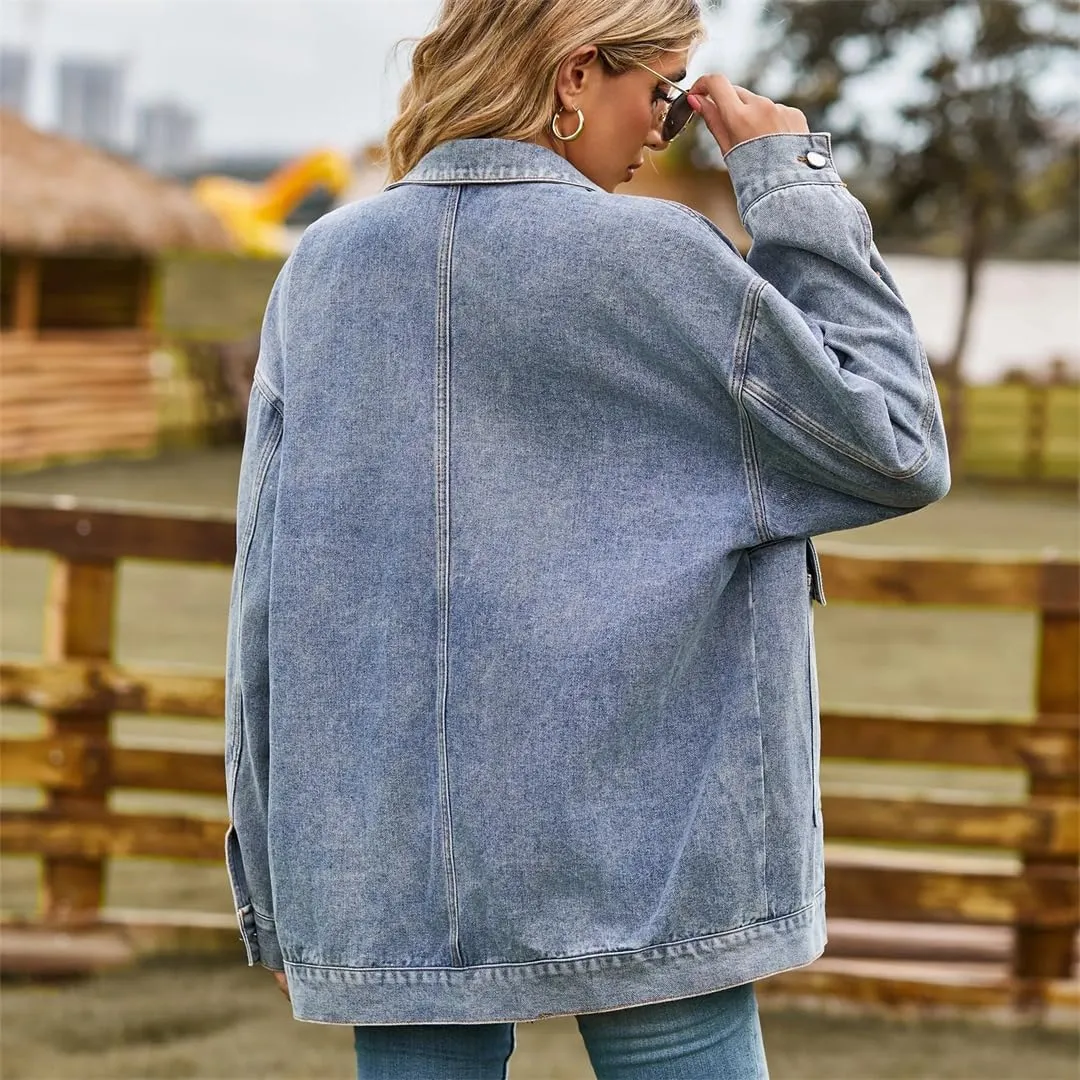 WomenS Long Sleeve Denim Jacket Loose Fit Mid-Length Turn-Down Collar Single Breasted Button Closure Casual Outerwear