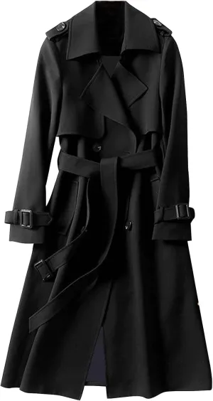 Womens Long Trench Coat Double Breasted Classic Windbreaker Belted Slim Overcoat Casual Outerwear Fashion Winter Jackets