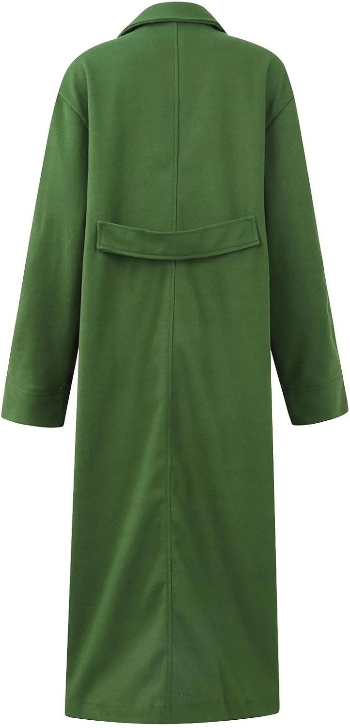 Womens Maxi Wool Blend Trench Coat Elegant Notched Collar Double Breasted Pea Coat Business Casual Office Overcoat
