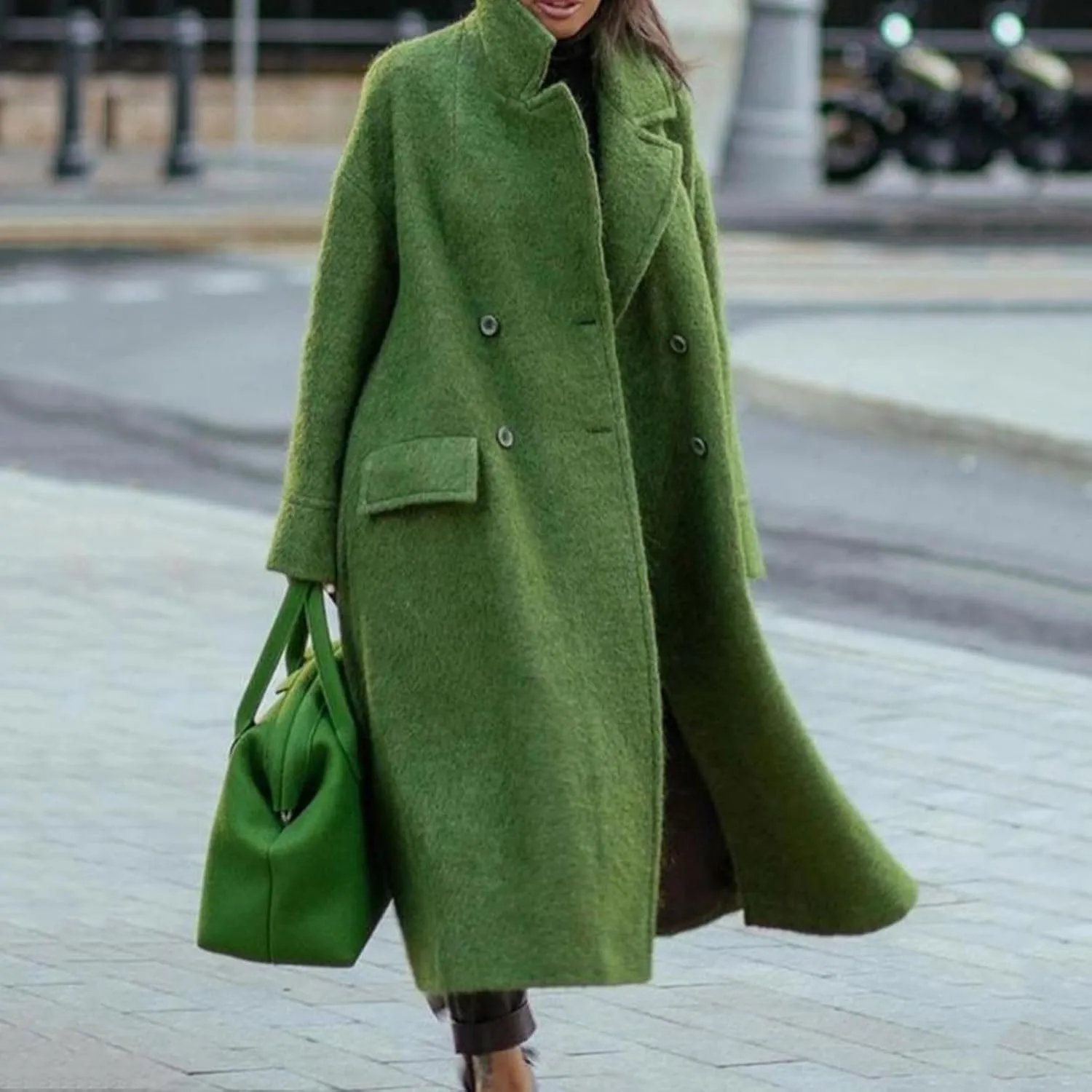 Womens Maxi Wool Blend Trench Coat Elegant Notched Collar Double Breasted Pea Coat Business Casual Office Overcoat