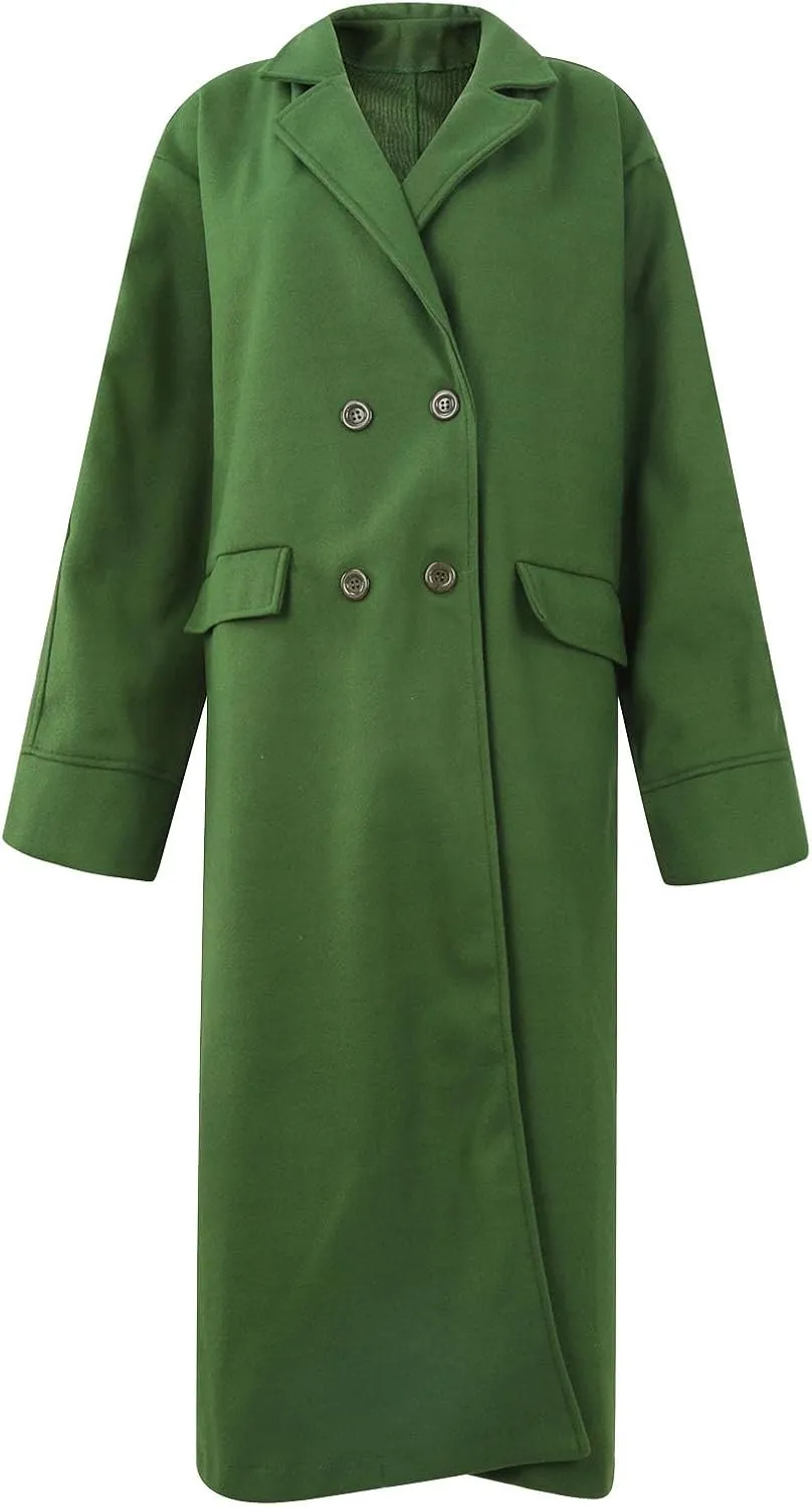 Womens Maxi Wool Blend Trench Coat Elegant Notched Collar Double Breasted Pea Coat Business Casual Office Overcoat