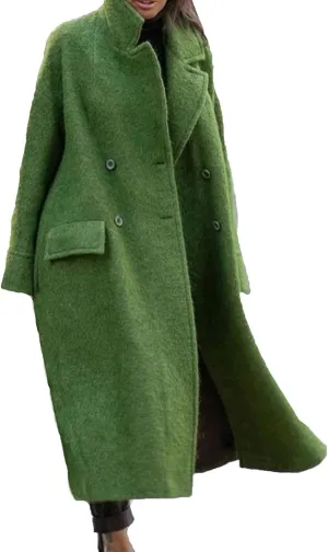 Womens Maxi Wool Blend Trench Coat Elegant Notched Collar Double Breasted Pea Coat Business Casual Office Overcoat