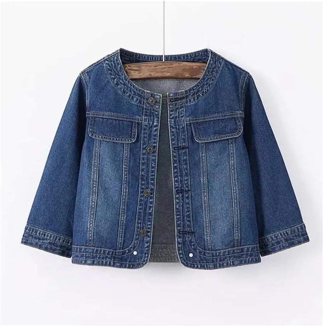 Women's O-Neck Denim Jacket Spring Summer Short Loose Top Casual Outerwear