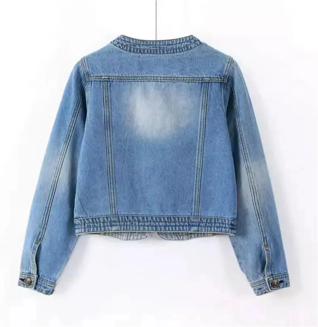 Women's O-Neck Denim Jacket Spring Summer Short Loose Top Casual Outerwear