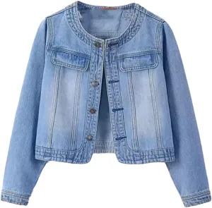 Women's O-Neck Denim Jacket Spring Summer Short Loose Top Casual Outerwear