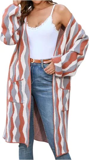 Women's Oversize Color Block Open Front Long Cardigans Knit Coat Long Sleeve Casual Loose Sweaters Coats with Pockets