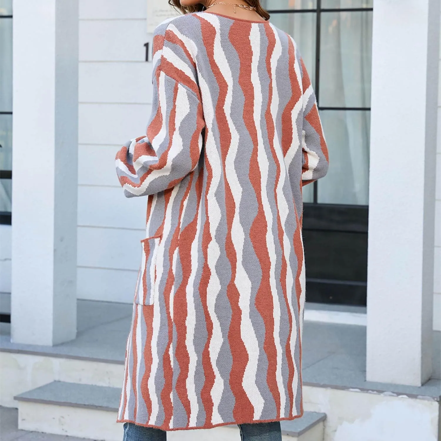 Women's Oversize Color Block Open Front Long Cardigans Knit Coat Long Sleeve Casual Loose Sweaters Coats with Pockets