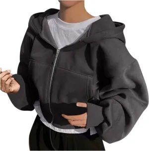 Womens Oversized Zip Up Hoodies Sweatshirt Long Sleeve Jackets Coat with Pockets Fall Winter Casual Cropped Outerwear
