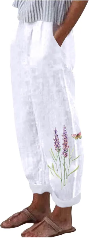 Women's Pants Boho Floral Cotton Linen Casual Summer Beach Pants High Waist Baggy Breathable Plus Size Trousers with Pockets