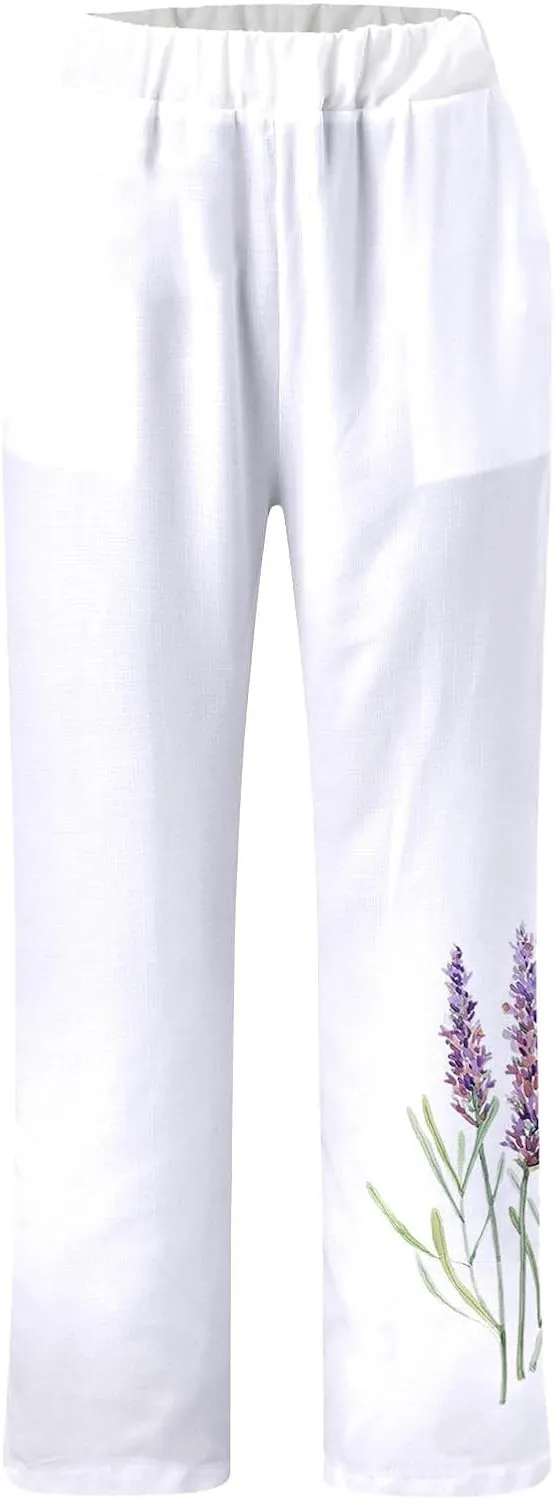 Women's Pants Boho Floral Cotton Linen Casual Summer Beach Pants High Waist Baggy Breathable Plus Size Trousers with Pockets