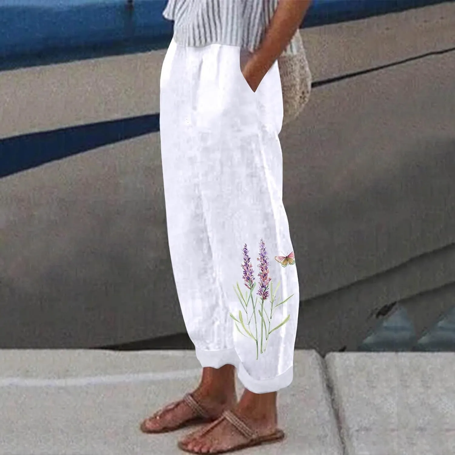 Women's Pants Boho Floral Cotton Linen Casual Summer Beach Pants High Waist Baggy Breathable Plus Size Trousers with Pockets