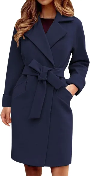 Women's Pea Trench Coat Lapel Collar Long Jacket Open Front Belted Overcoat with Pockets Fall Fashion for Women 2025 Trendy