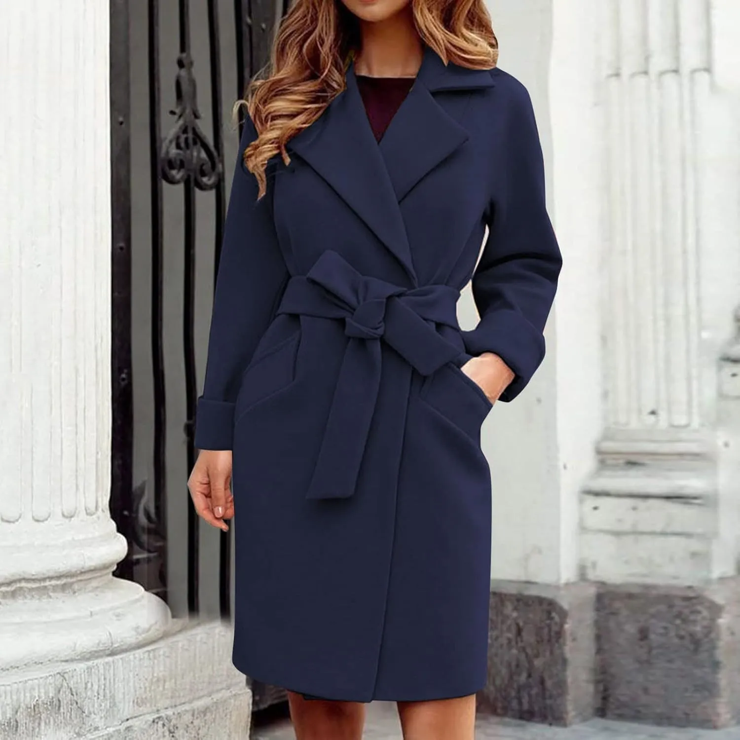 Women's Pea Trench Coat Lapel Collar Long Jacket Open Front Belted Overcoat with Pockets Fall Fashion for Women 2025 Trendy
