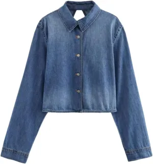 Women's Polo Neck Denim Jacket Long Sleeve Open Back Design Washed Long Sleeve Jean Coat